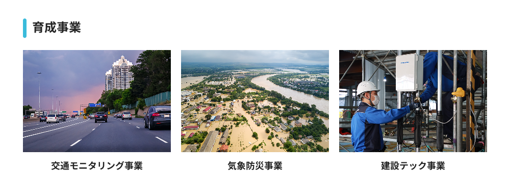 【育成事業】交通モニタリング事業、気象防災事業、建設テック事業