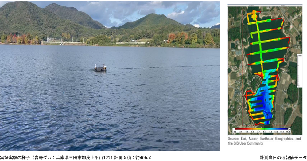 実証実験の様子（青野ダム：兵庫県三田市加茂上平山1221 計測面積：約40ha）/計測当日の速報値データ